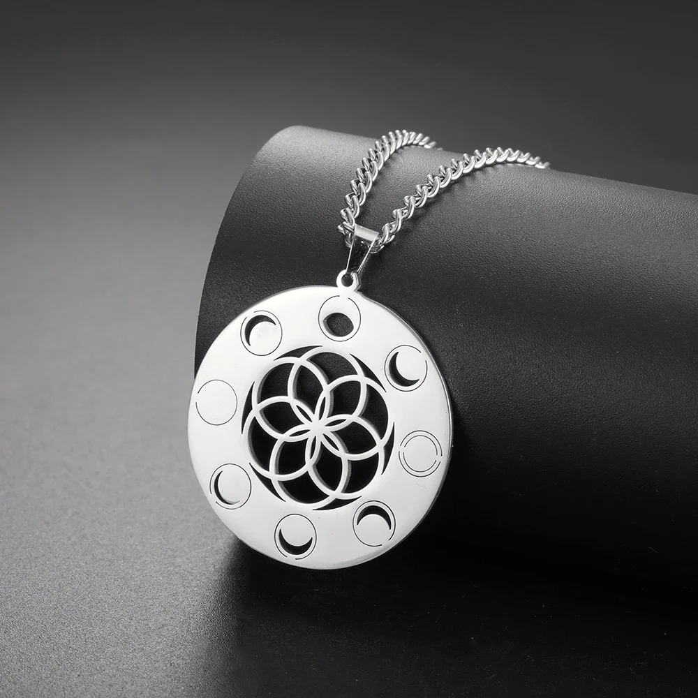 Dawapara Classic Seed of Life Women Necklace Moon Phase Pendant Sacred Geometry Wiccan Lucky Amulet Stainless Steel Jewelry