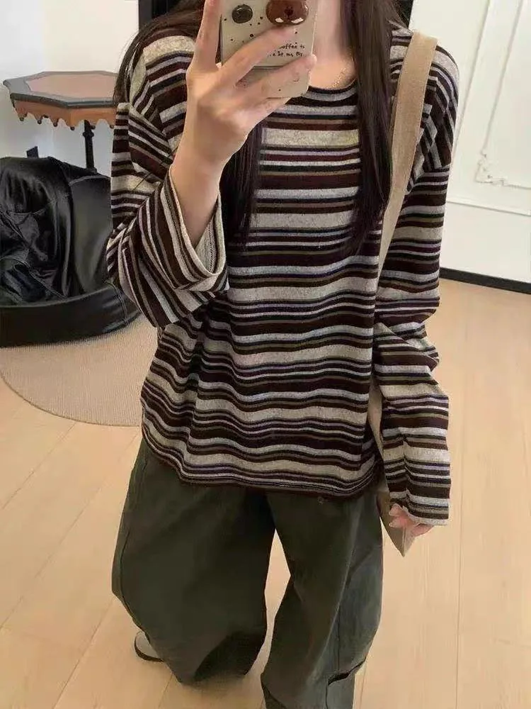Striped Long Sleeve T Shirt for Women Autumn Loose O Neck Casual Basic Tops Y2K Vintage Streetwear All Match Pullover New