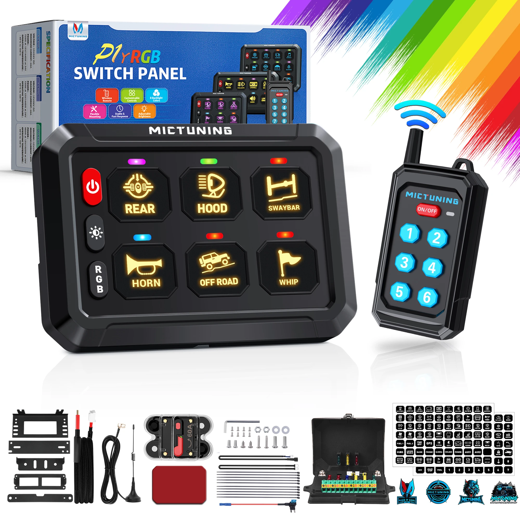 

MICTUNING P1Y Switch Panel with Wireless Remote Control, 6 Gang Circuit Box RGB Colors Toggle Switch Momentary Circuit Control