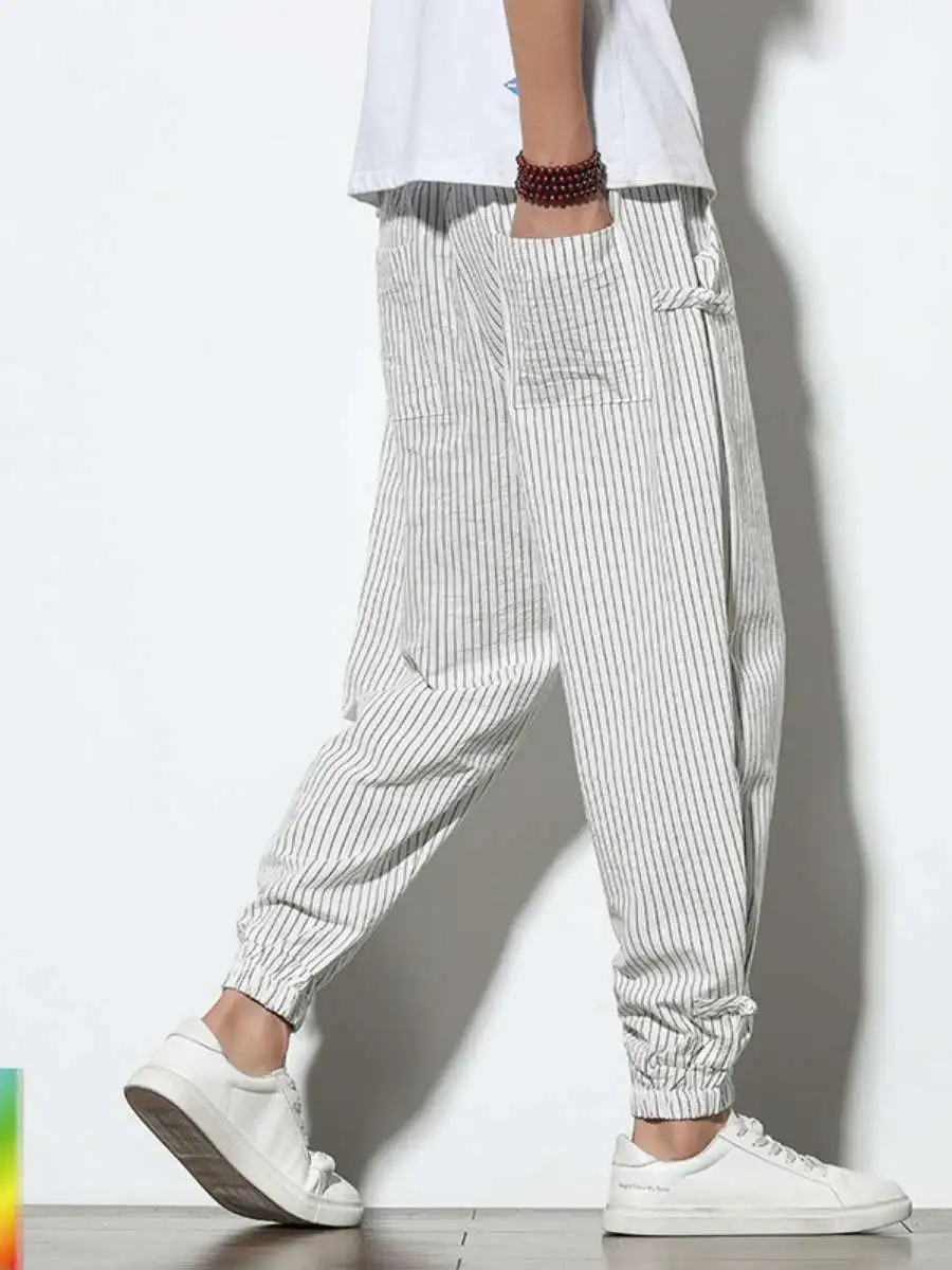 

Новые мужские повседневные брюки в полоску из хлопка, большие размеры, фасон «фонарик», молодежные летние брюки для отдыха, с завязками на талии