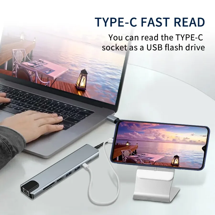 

8-в-1 USB-концентратор 4K HDMI-адаптер с RJ45 SD/TF Card Reader PD Fast Charge Type C to C 3.1 для ноутбуков MacBook, портативных компьютеров