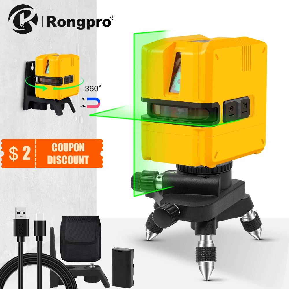 

Rongpro 2 Line Green Laser Level & Rechargeable Li-ion Battery Self-leveling Beam Cross Line with Pulse Mode & Tripod laser Tool