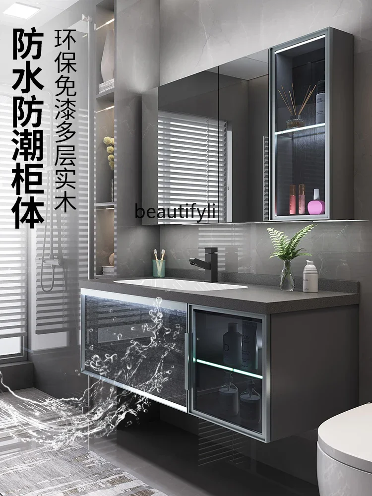 Light Luxury Stone Plate Ceramic Seamless Whole Washbin Bathroom Cabinet Combination Simple Bathroom Table