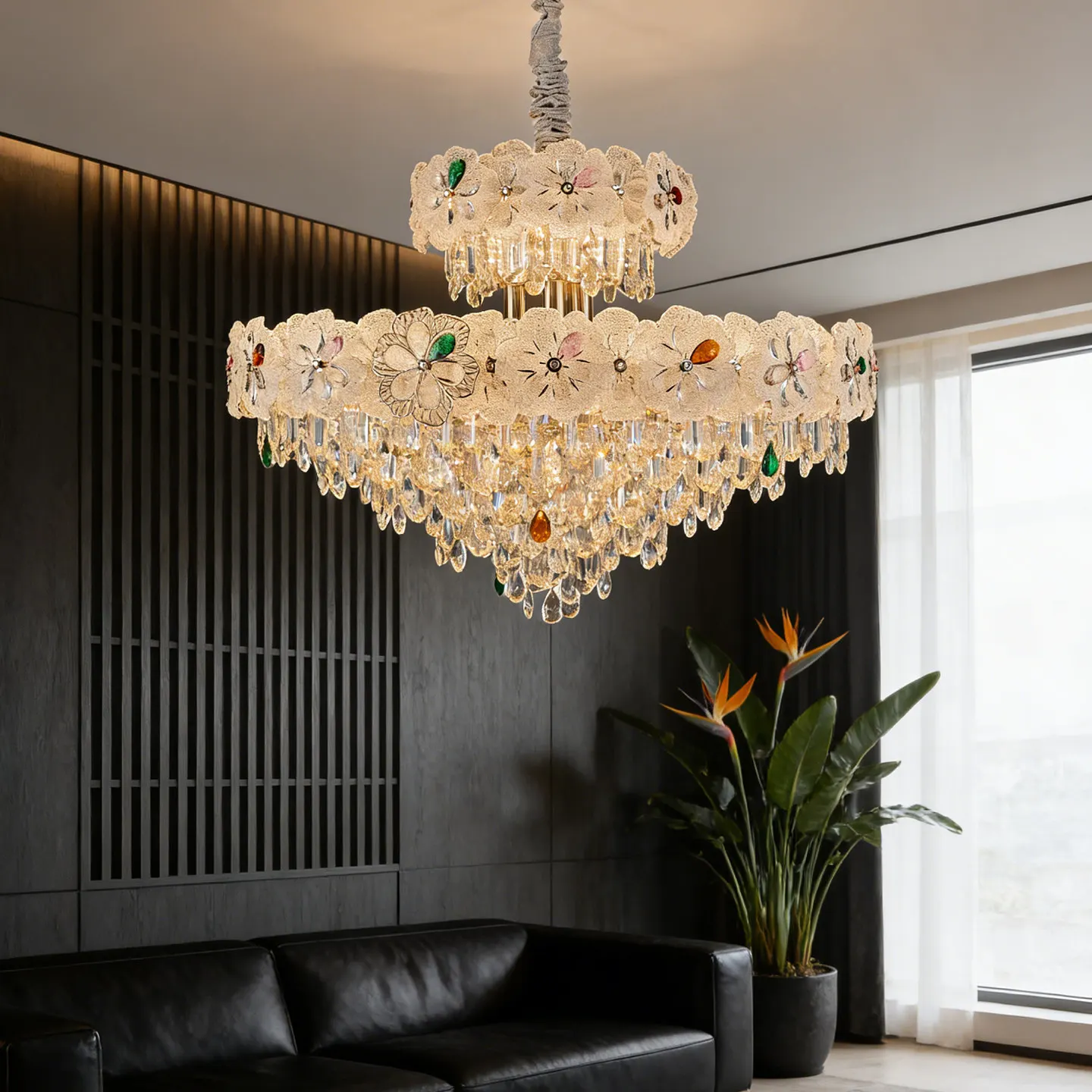 French Romantic Colorful Floral Crystal Chandelier 80CM Diameter E14 24 Lights Luxury Gold Pendant Lamp Adjustable Chain Ceiling