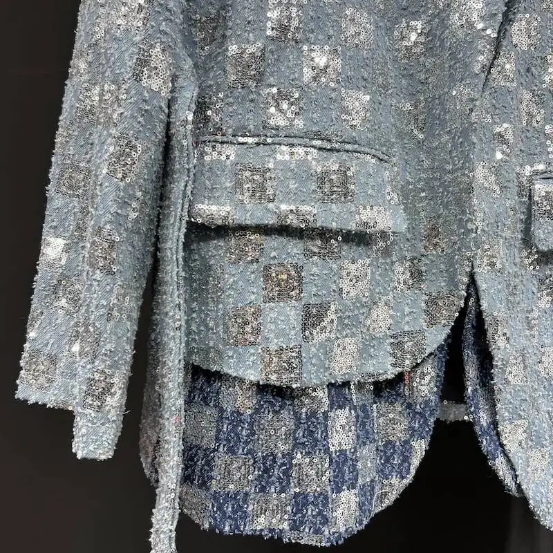 New Korean Style Men's Denim Suit Jackets Lapel Belt Irregular Sequins Loose Plaid Niche Casual Male Blazer Fashion ASW34