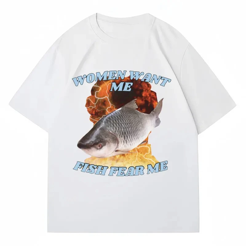 

Забавная женская футболка Want Me Fish Fear Me с графическим мем, модная футболка в стиле Харадзюку, винтажные футболки для рыбалки, мужские и женские футболки