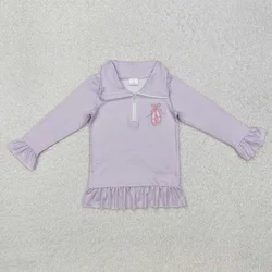 Wholesale Baby Girl Tee Long Sleeves Purple Stripes Kids Embroidery Shirt Children Zipper Sweatshirt Toddler Pullover Clothes