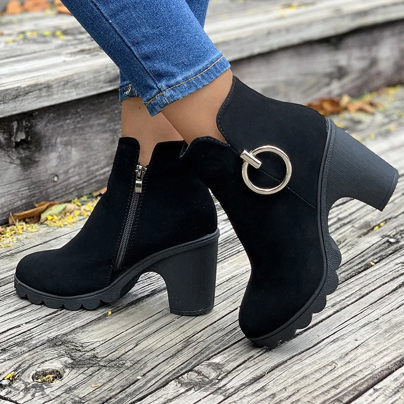 Woman Ankle Boots Spring Autumn Pointed Toe Low Heel Single Boots Black Heeled Suede Thick Heel Black Short Boots Big Size 42