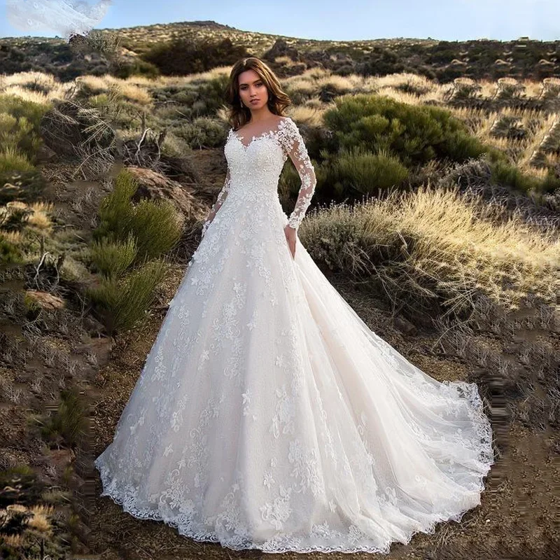 

Luxury Long Sleeves V-neck Wedding Dresses Appliques Lace Elegant A-line Bridal Gown Custom Made