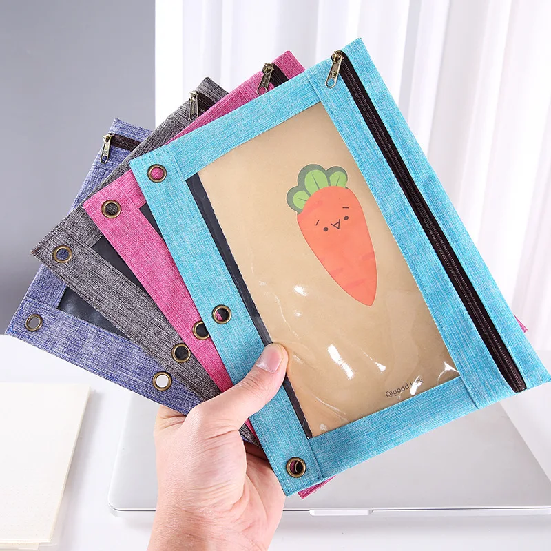Pj cross-border three-hole air eye corn file bag detachable stationery bag transparent pvc three-hole frosted pencil bag