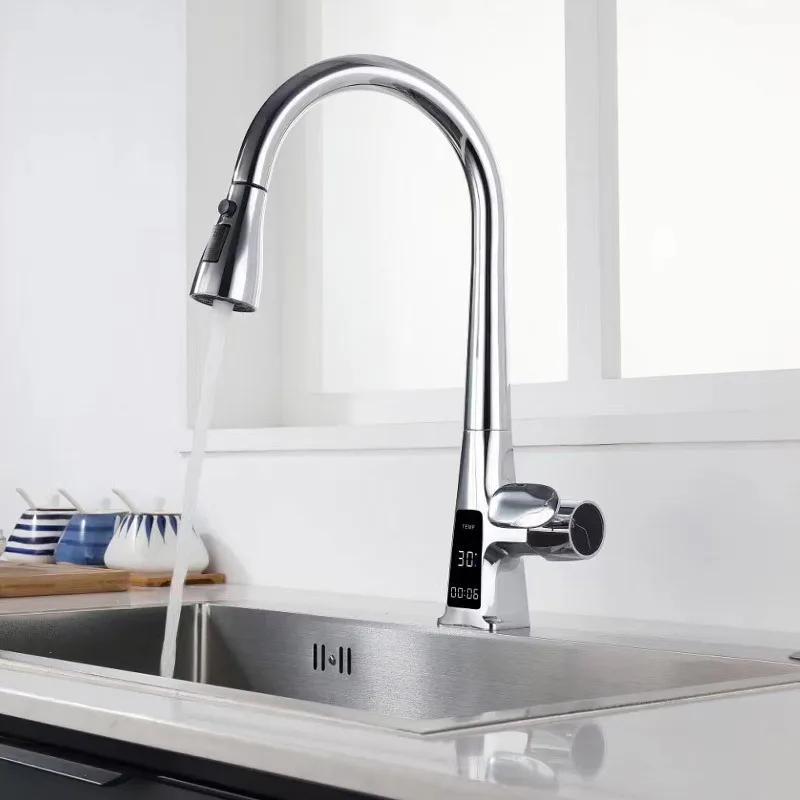 

Temperature Display Kitchen Sink Faucet White Brass Deck Mounted With Hot And Cold Mixer Taps Multifunction Pull Out Kitchen Tap