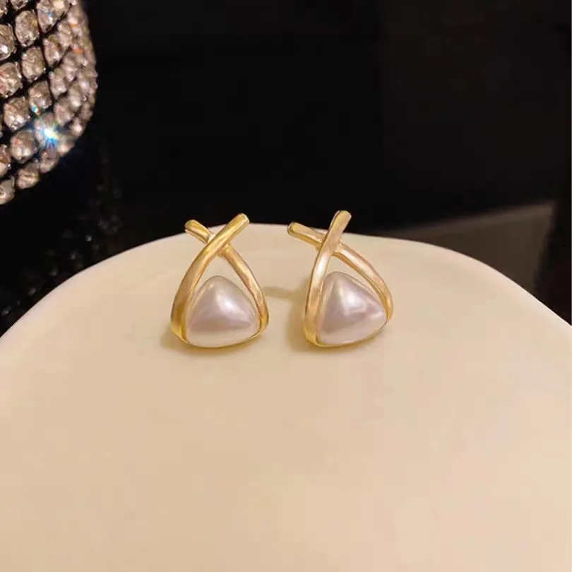 Korean Style Elegant Women Girls Pearl Crystal Cross Stud Earrings Jewelry Fashion Lady Fishtail Exquisite Ear Rings Accessories