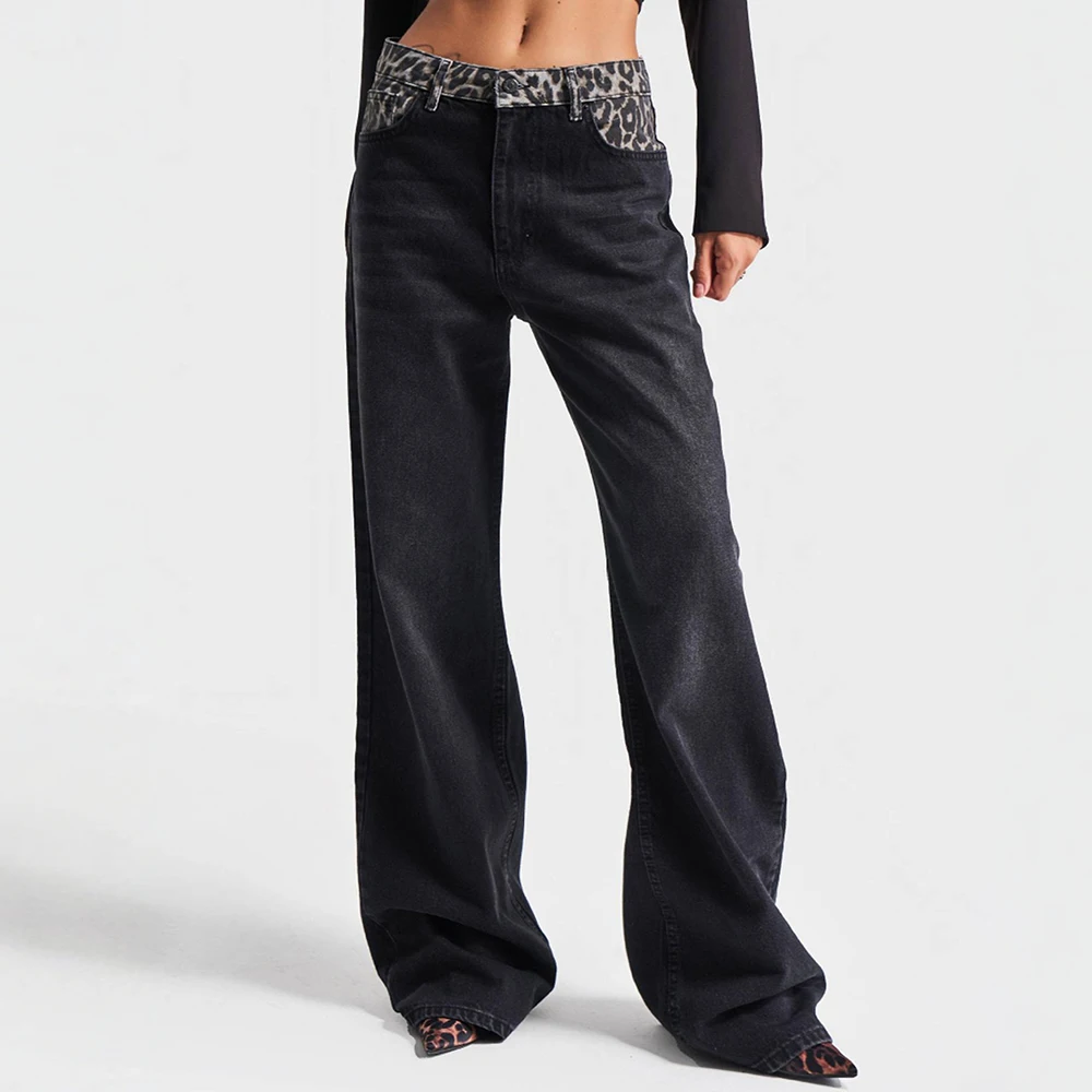 

Mia Muse Summer Jeans 2025 Women's Chic Casual Denim Leopard Print Natural Waist Full Length Wide Leg Basics Jeans