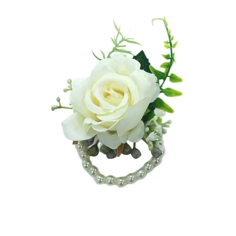 Elegant Boutonniere Flowers Artificial Silk Flowers White Roses Wedding Accessories Pearl White Exquisite Wrist Corsage Formal