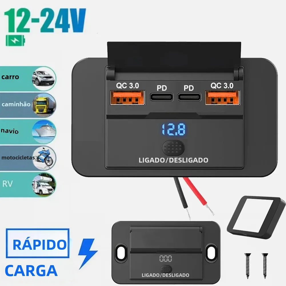 Adaptador de tomada de carregador de carro com interruptor, divisor de carregamento de 2-4 portas, tomada para ônibus, rv, atv, caminhão, barco, tomada, 12v, 24v, pd, qc3.0