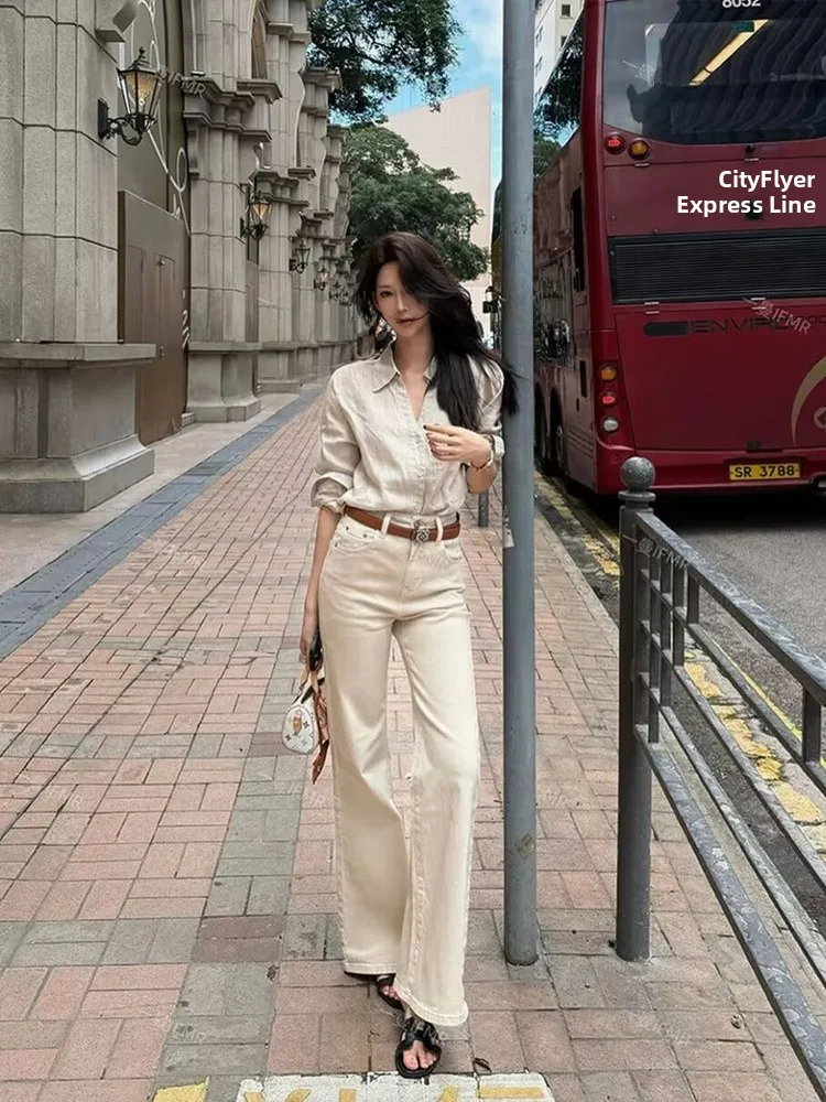 

Early Autumn OXOXIP High Waist Straight Leg Bell Bot Jeans Women's Slimming Light Khaki Pants Cotton Stretch Denim