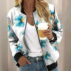 Women Casual Zipper Bomber Jacket Spring Autumn Floral Printed Jackets Office Wear Slim Daily Lightweight Coat Retro Outwear