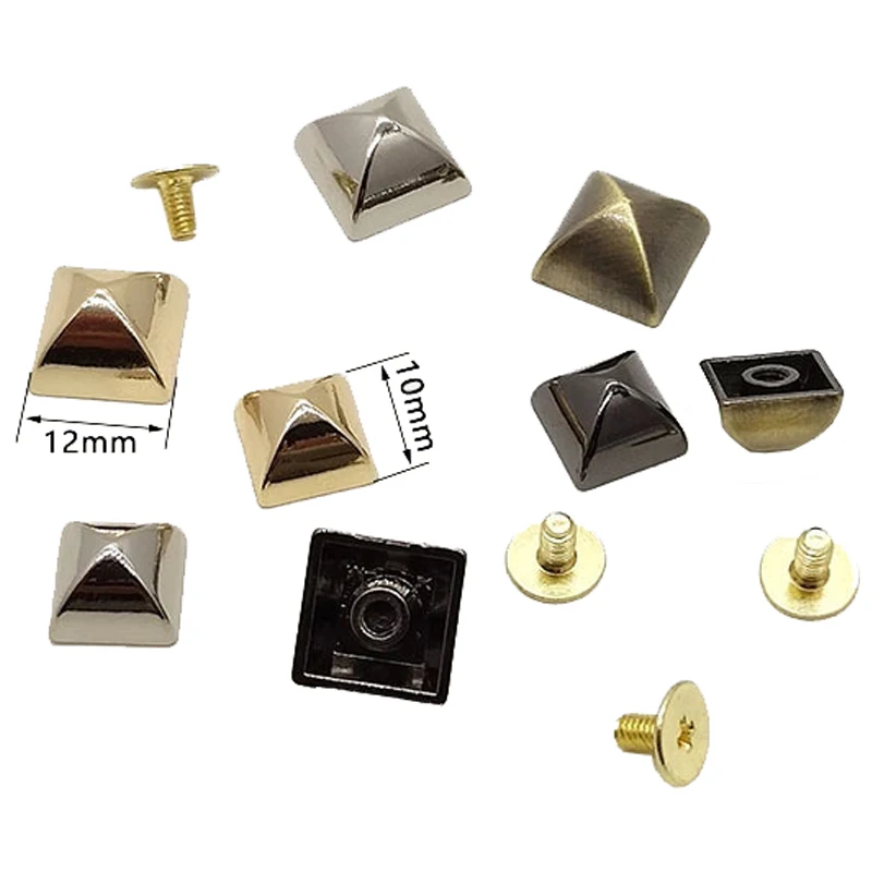 5Sets 10/12mm Square Pyramid Metal Rivets - Black Decorative Screws for Leathercraft, Bag DIY, Punk Hardware