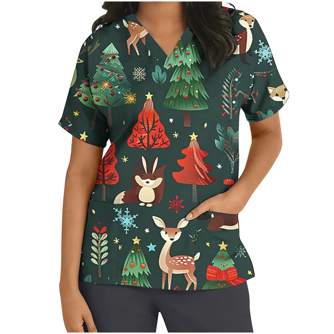 Nieuwe Kerst Verpleegster Uniform Scrubs Vrouwen Cartoon 3D Print V-hals Korte Mouw Pocket Overalls Uniformen Medische Verpleging Werken
