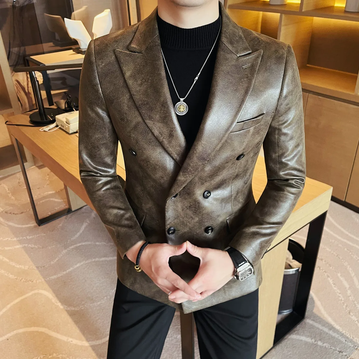 

Брендовый кожаный пиджак в стиле ретро, мужской двубортный пиджак в британском стиле, повседневные деловые пиджаки, свадебные куртки для жениха и банкета