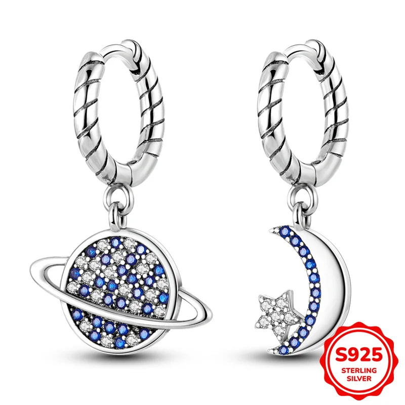 

100% 925 Sterling Silver Earrings Women Blue Planet Moon Hoop Earrings For Anniversary Wedding Jewelry Gifts