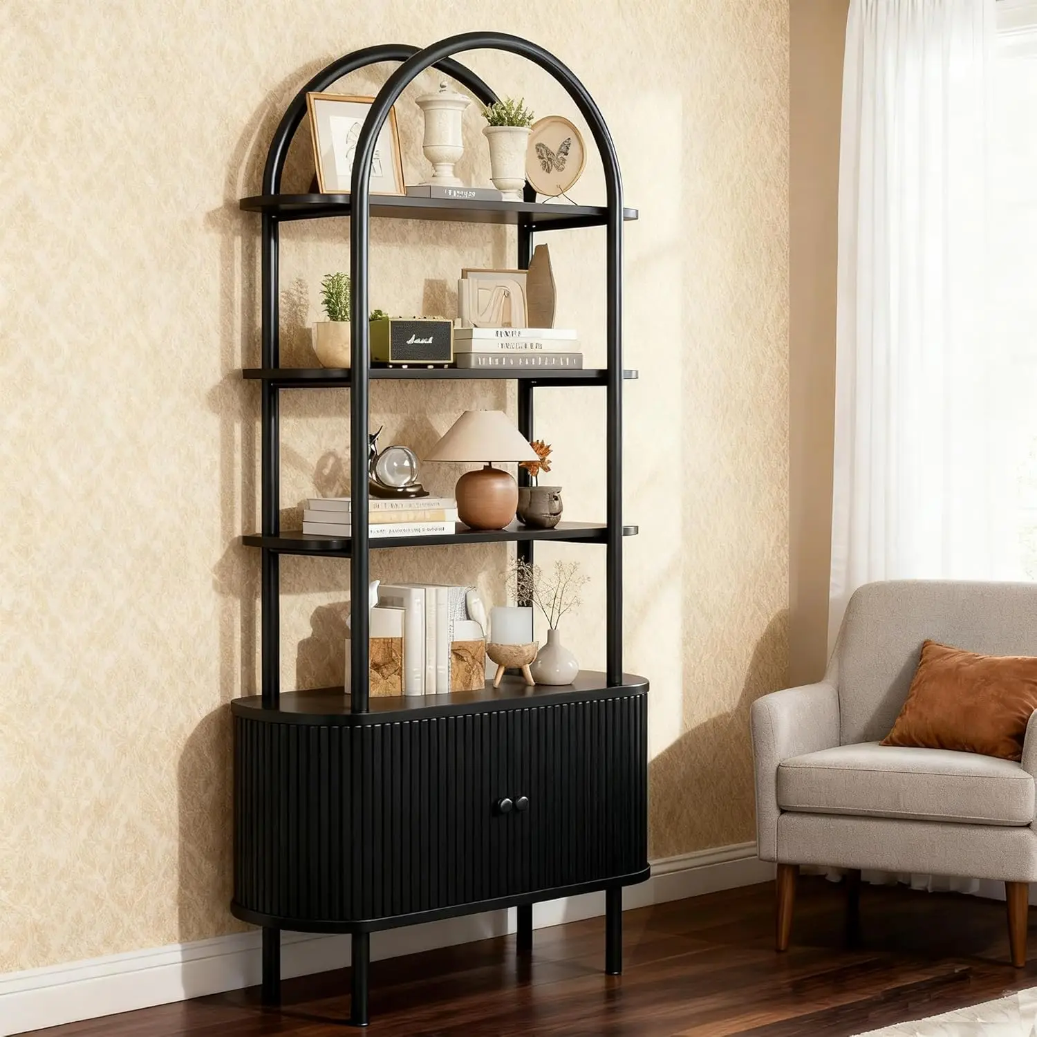 #Wooden Bookcase Fluted Doors Metal Frame Home Office Living Room Storage Black Oak