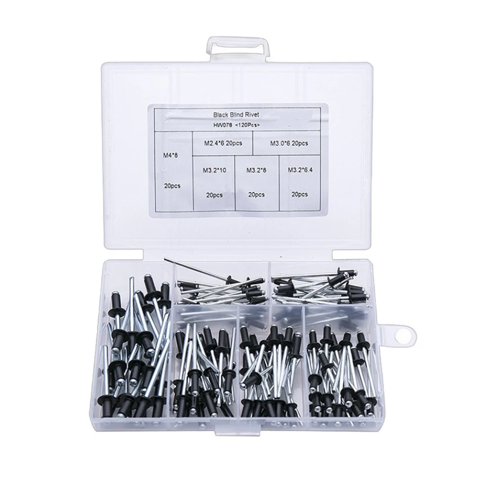 120PCS Black Aluminum Core Rivet Kit Rivets Pull Nail M2.4 M3.0 M3.2 M4 Dome Round Head Blind Rivets Remaches Assortment Set