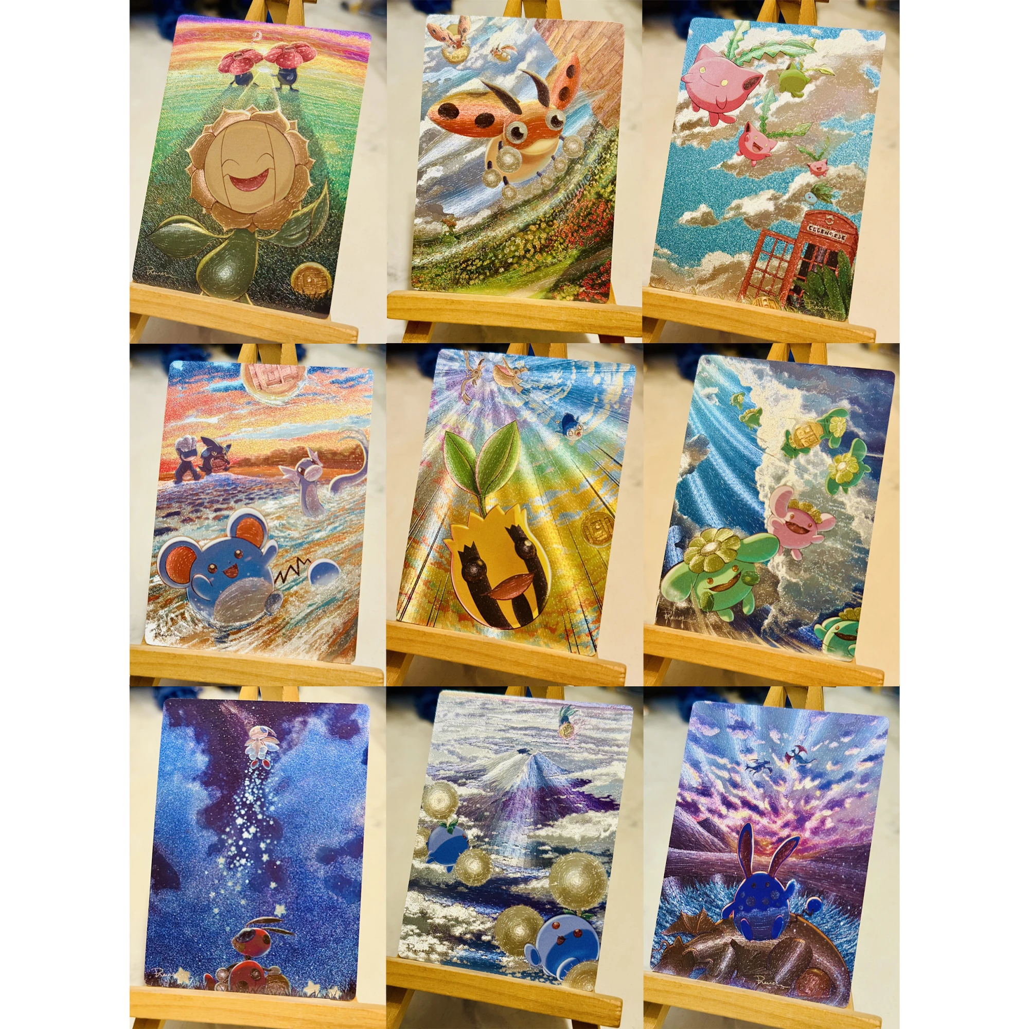 

9Pcs/set PTCG Hoppip Marill Sunflora Sunkern Texture Flash Card Diy Self Made Classic Game Anime Collection Card Gift Toy