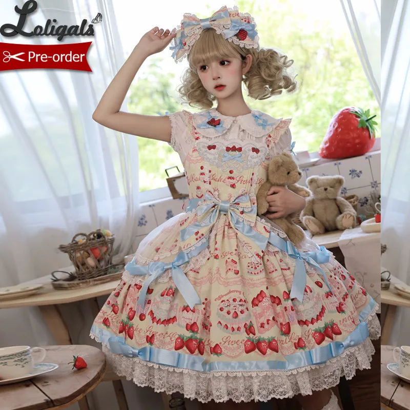 

Предзаказ: Платье Sweet Lolita JSK с клубничным принтом, короткое праздничное платье ~ Dessert Master от Twin Bear
