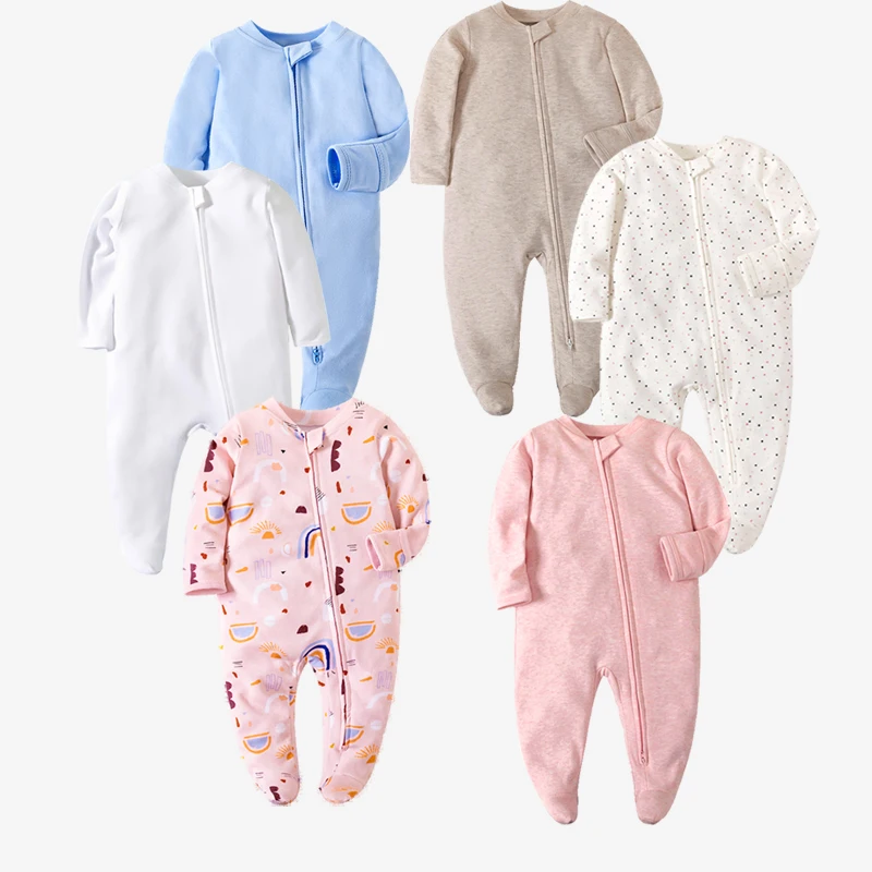 Newborn Footed Pajamas Zipper Girl and Boy Romper Long Sleeve Jumpsuit Cotton Solid White Fashion 0-12 Months Baby Clothes