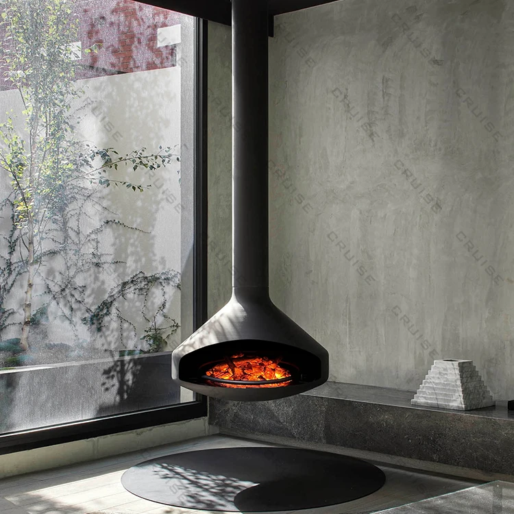 360° Free Rotation High Quality 700mm/800mm Black Decorative Hanging Suspended Electric Fireplace for Indoor