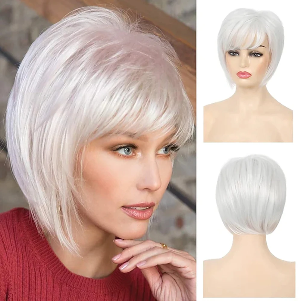 Short White Costume Wigs for Women Natural Straight Synthetic White Wig with Bangs Party Halloween Costume Cosplay Wig