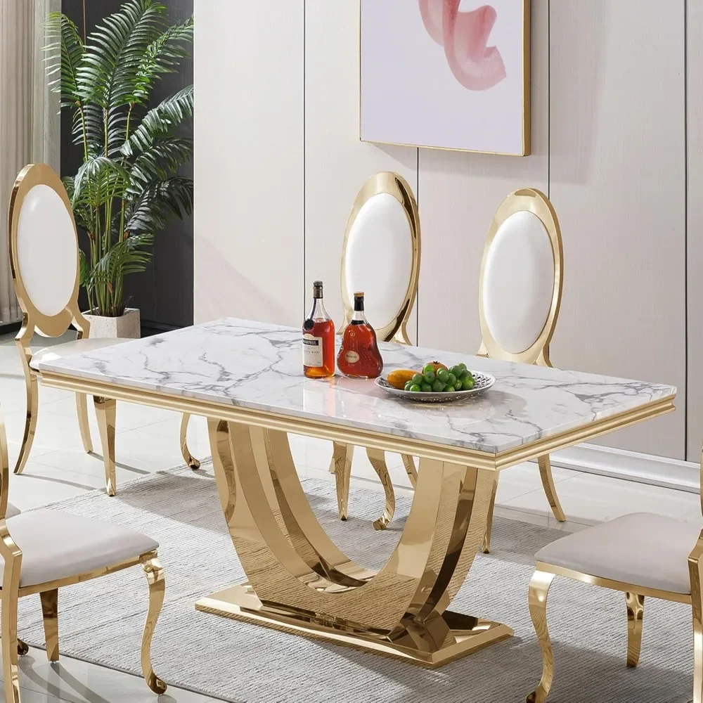 

Dining Table 70" Faux Marble White 6-8, Dining Room Table 0.71" Marble Printing MDF Top and Dual U-Shaped Stainless Steel Base