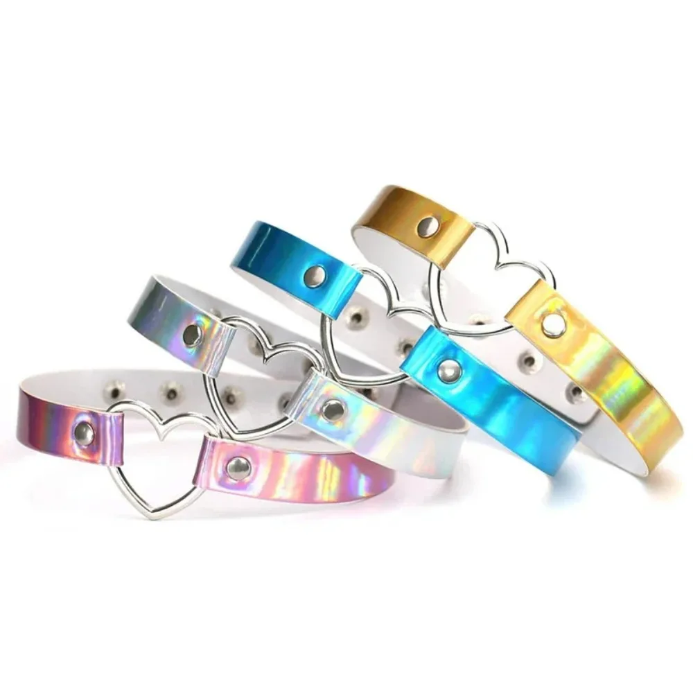 New PU Leather Colorful Holographic Heart Metal Laser Collar Chocker Necklace For WomenFashion Jewelry Accessories Gifts