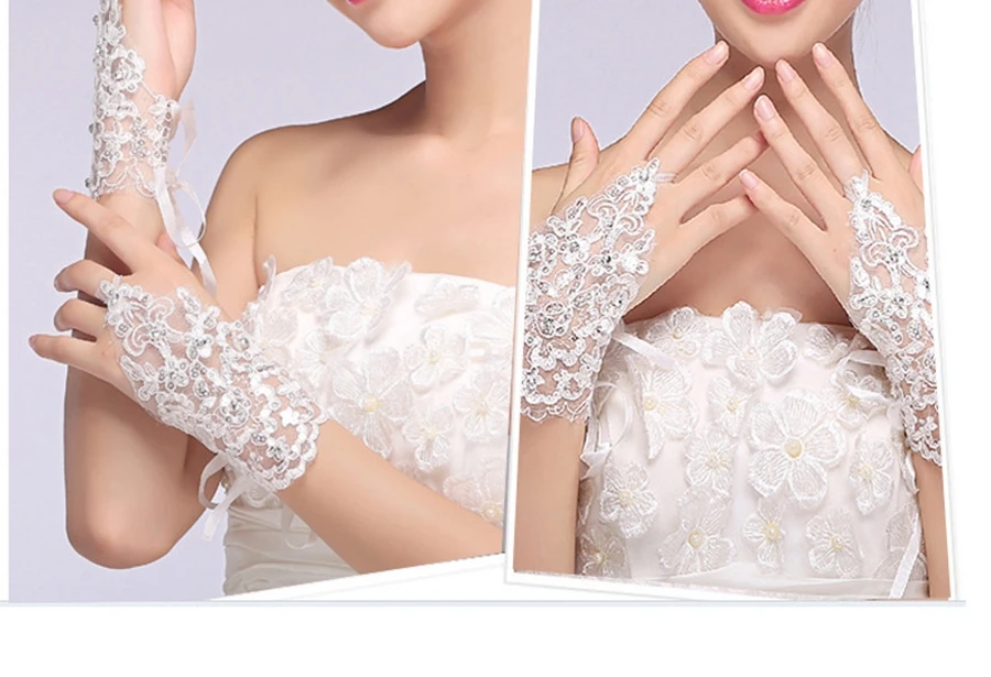 Venta al por mayor de guantes de Novia de color blanco marfil, Apliques de encaje con cuentas, guantes de encaje baratos, accesorios de boda sexis, guantes de Novia