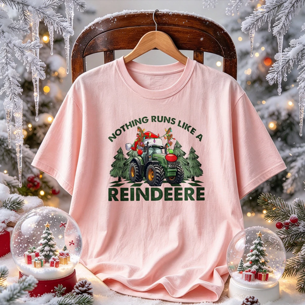 Nothing Runs Like A Reindeere Funny Farm Tractor Santa Hat Christmas Lights Tree Graphic T Shirt Farmer Xmas Casual Cotton Tees