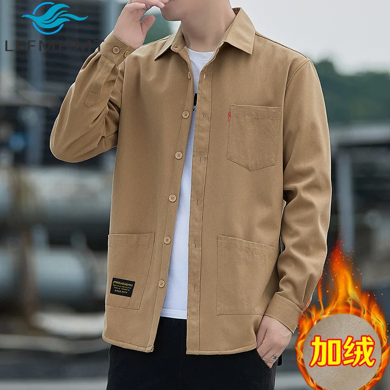Thicken Fleece Men's Solid Color Shirt Coats Winter Fashion Good Quality Warm Fleece Long Sleeve Multi Pockets Jacket Dailywear