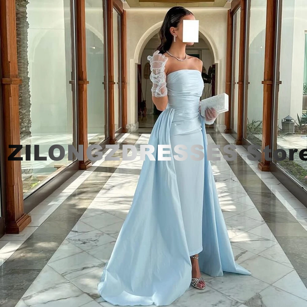 Classic Blue Panel Train Pleats Evening Dress Modern Halter Straight Floor Length Satin Custom Made Special Occasion Gowns