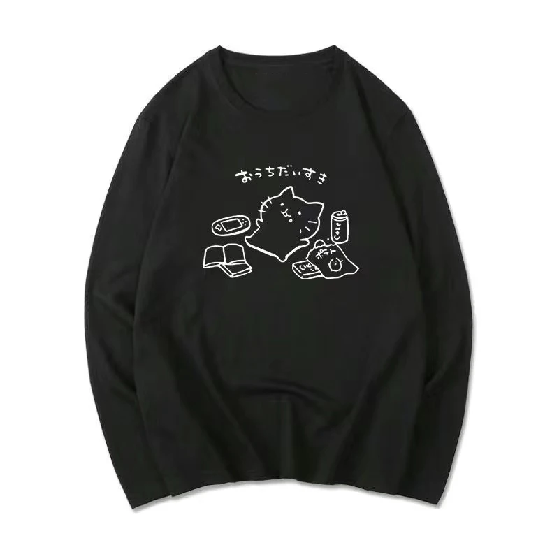 Japanese Women's Long-sleeved Shirt Fun Kaomoji Print Cartoon Cat Couple Wear Men and Women Street Loose Casual Oversize Clothes