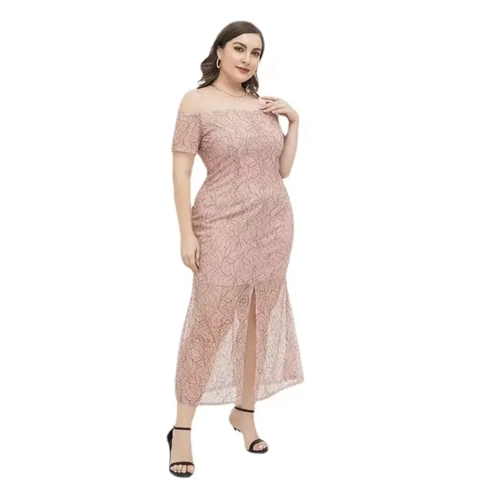 Vestido feminino plus size elegante sexy slim fit manga curta renda para irmãs rechonchudas