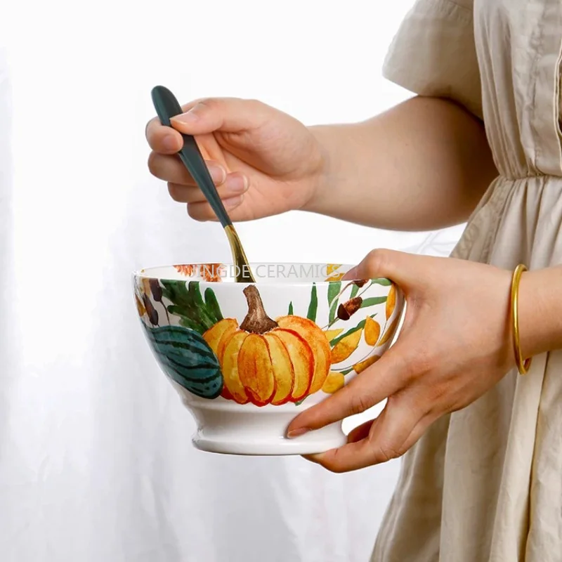 1pc Ceramic Pumpkin Patterned Tableware High Footed Bowl Rural Style Salad Bowl Heart-shaped Plate Stir Fry Dish Breakfast Plate