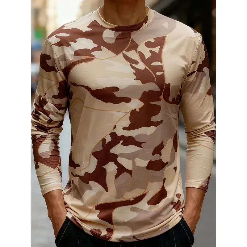3D Printed Casual Long Sleeve Geometric Camouflage Crew Neck T Shirt Men 100 Polyester Stretch Knit Regular Fit Daily Wear