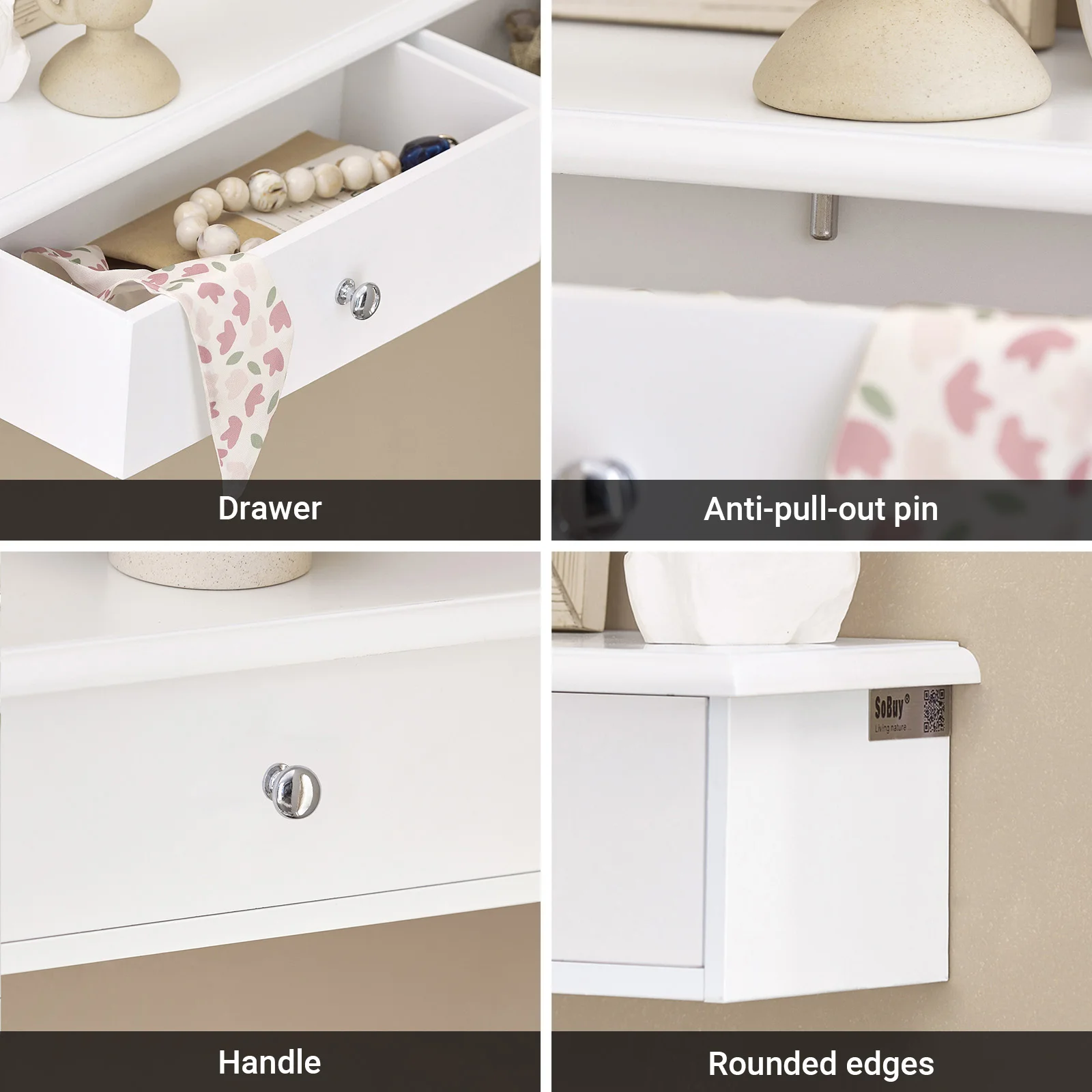 SoBuy FRG43 Wandregal mit 2 Schubladen - Modernes Regal Wand für Flur, Wohnzimmer & Schlafzimmer 64x15x10cm – Detail 7