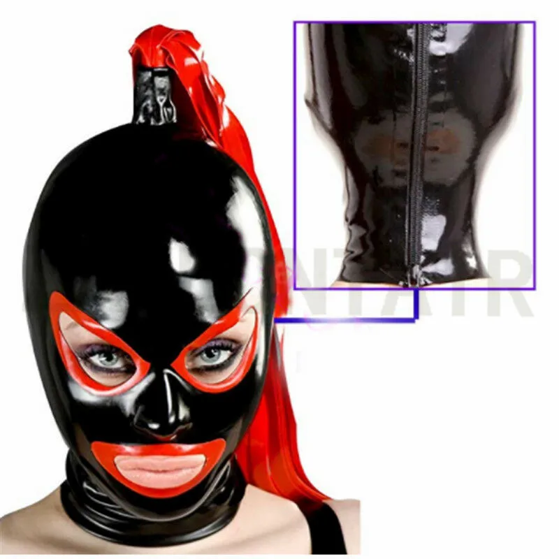 

Handmade Cekc Unisex Latex Sexy Exotic Lingerie Black Hoods With Red Cut Rubber Wig Tress Zentai Fetish Costumes
