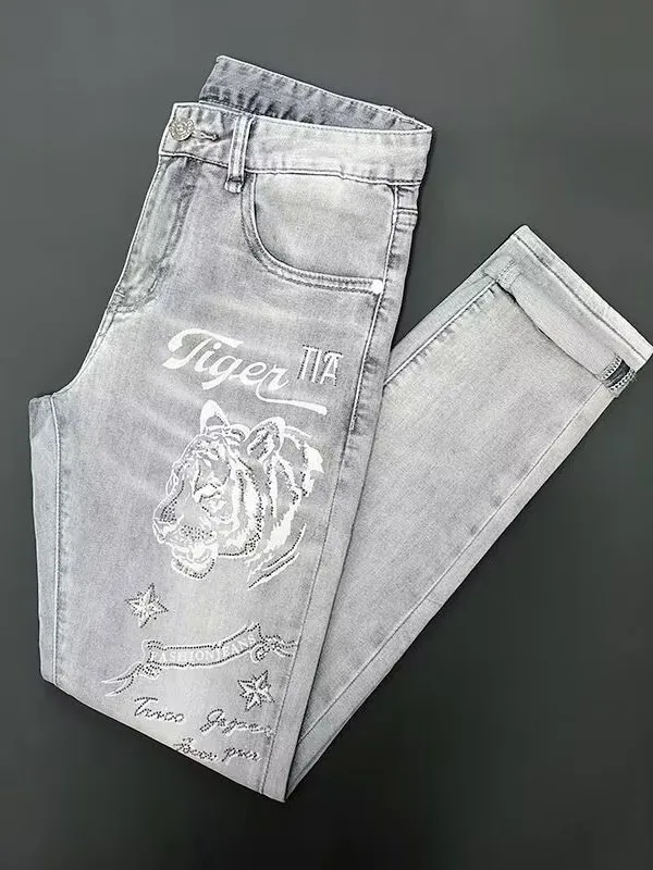 

Мужские джинсы Light ey Slim Fit: тонкие, эластичные, модные, с принтом из страз Hotfix, повседневные, из хлопка, стрейч, длинные брюки