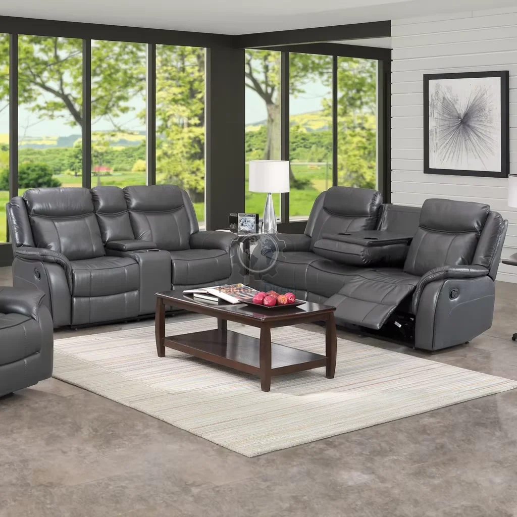 Modern 3+2 Recliner Sofa Set Air Leather Manual Recliner Console Loveseat with 3 Seats Grey Color
