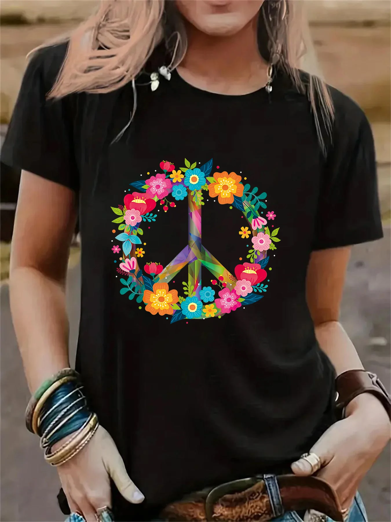 Peace Love Hippie Costume Tie Die 60s 70s Women's Casual Short Sleeve Summer T-Shirt O-Neck Tops Femminile Tee Graphic Tshirt