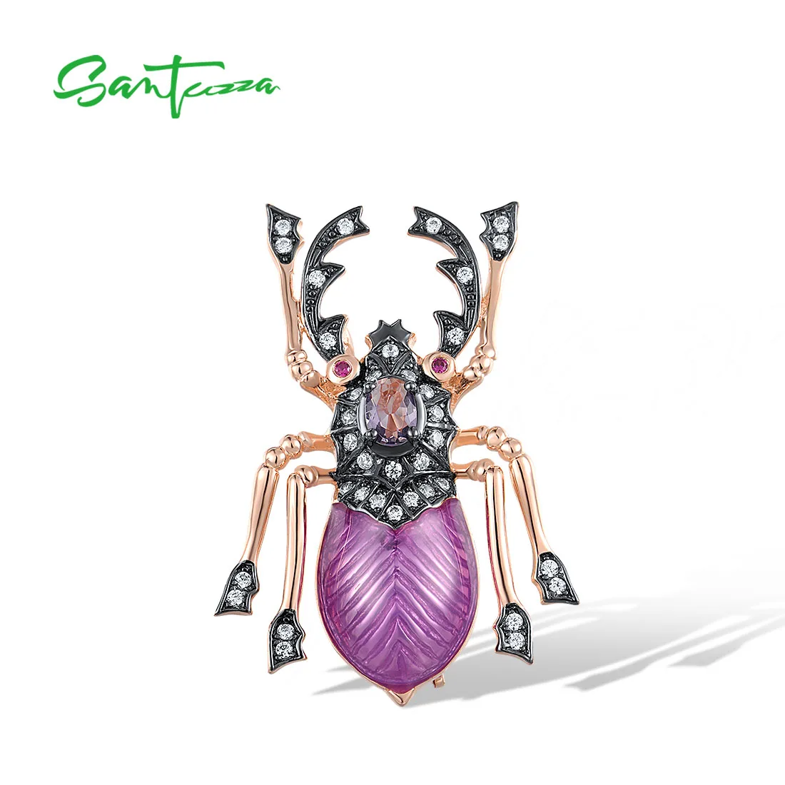 

SANTUZZA Genuine 925 Sterling Silver Brooch For Women Sparkling White CZ Created Ruby Purple Stone Beetle Insect Fine Jewelry