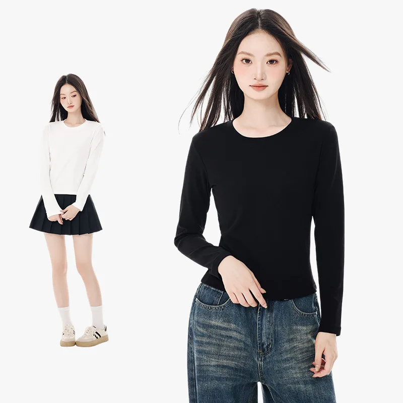 Women's Crew Neck Long-sleeve T-shirt Casual Top Girls Adult Slim-fit Slightly Stretchy T-shirt Women's Flattering Basic Top