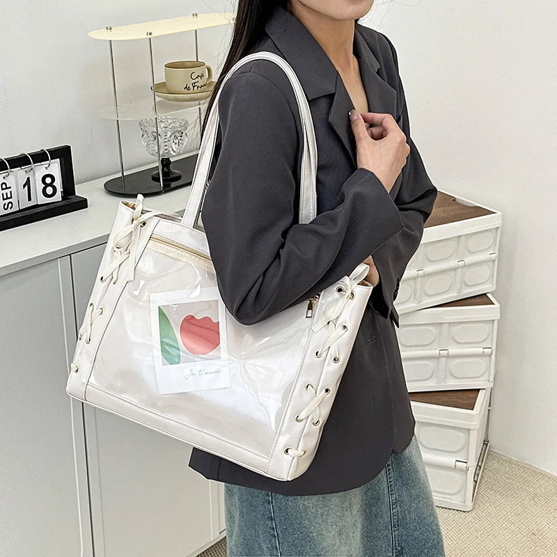 Japanese Popular Ribbon Lta Bag Bow Cute Large Capacity Splicing Transparent Fashion Single Shoulder Portable Tote Bag for Women - view 2